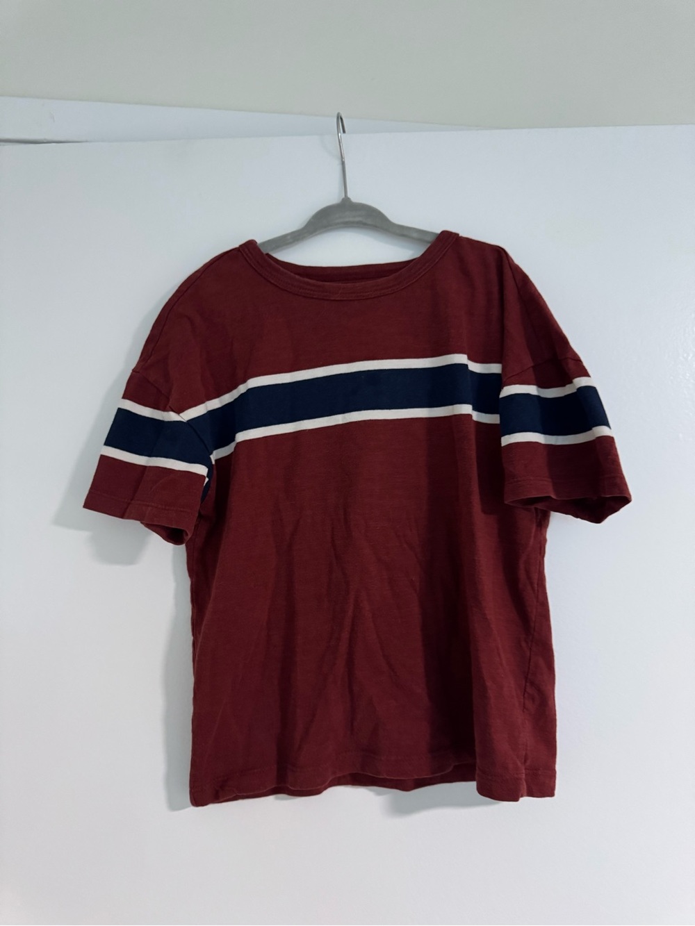Kid’s Burgundy Short Sleeve Tee with Navy & White Stripes